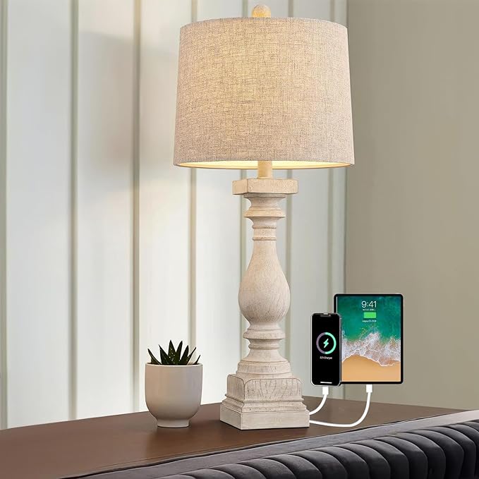 BOBOMOMO Retro 27" USB Charging Ports A/C Wash-White Farmhouse Lamps for Bedrooms Side Table Lamps Bedside Lamp for Nightstand Living Room 1 Pack - Bloomnest