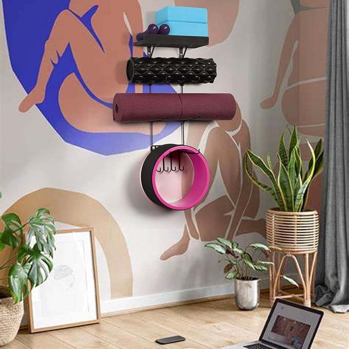 Bikoney Yoga Mat Holder Wall Mount Yoga Mat Storage Home Gym Accessories with Wood Floating Shelves and 4 Hooks for Hanging Foam Roller and Resistance Bands at Fitness Class or Home Gym Vintage Black - Bloomnest