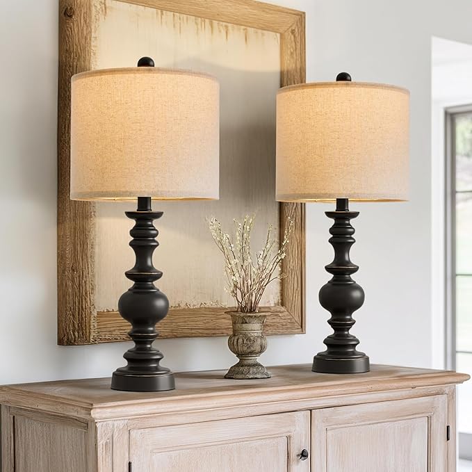 BOBOMOMO 24" Traditional Farmhouse Table Lamp Set of 2, Vintage Resin Lamps for Living Room Bedroom, Rustic Nightstand Lamp with Linen Shades, Retro Black Table Lamps for Living Room, Bedroom, Office - Bloomnest