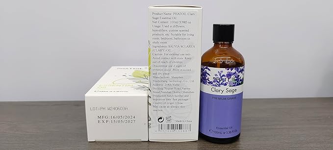 PHATOIL 3.38FL.OZ Clary Sage Essential Oil for Aromatherapy Diffusers with Glass Dropper, Humidifiers, Great for DIY Candle and Soap Making, Huge 100ML Bottle - Bloomnest