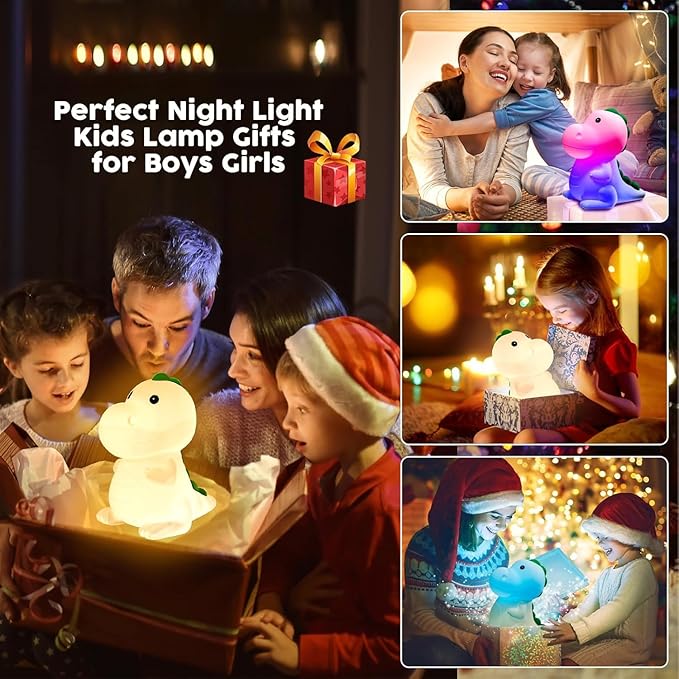 Kids Night Light Dinosaur Bedside Nursery Touch Lamp Dimmable with 7 Color Changing, Soft Squishy Silicone Cute Dino Night Lights Gifts for Kids Baby Room, Rechargeable for All-Night Use - Bloomnest
