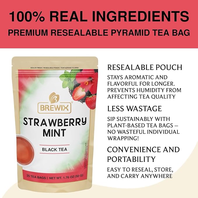 BREWIX, Strawberry Mint Tea Bags (25 Plant Based Tea Bags), Made with - Black Tea, Hibiscus, Spearmint, Fennel, Strawberry | Caffeinated & Sugar-Free - Bloomnest