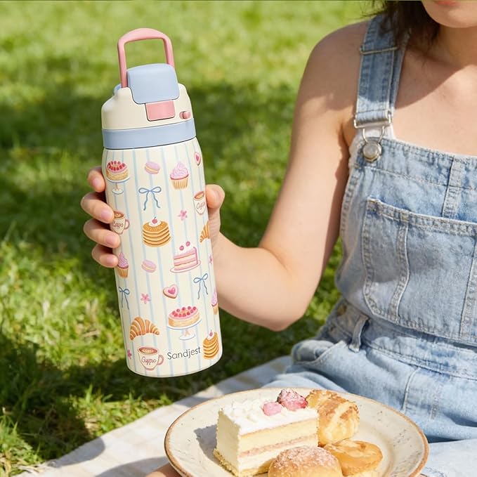 Desserts Stainless Steel Water Bottle, Vacuum Insulated, Push-Button Lid, 32 oz, Gifts for Women Girls Friends Teens Birthday Christmas SANDJEST
