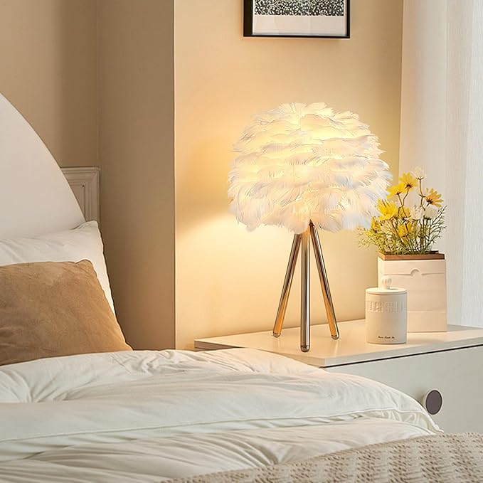 ZYLEIESENBAO White Feather Lamp Furry Table Lamp H16'' Modern Princess Feather Desk Lamp Tripod Fluffy Bedside Nightstand Light for Bedroom Wedding Atmosphere Girl Gift Living Room Retaurant Entryway - Bloomnest
