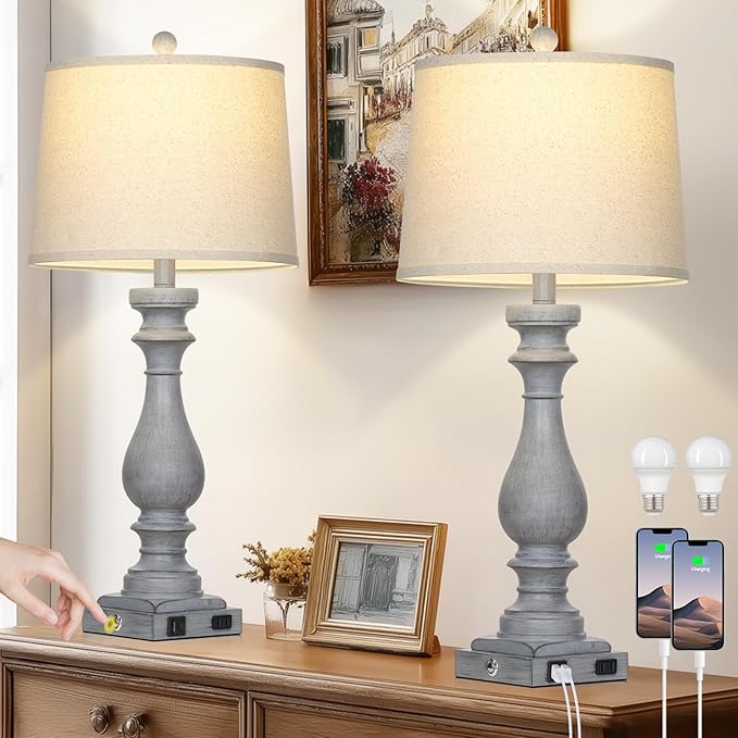 29" Tall Farmhouse Table Lamp for Living Room Set of 2,Vintage Retro Nightstand Lamps with USB C+A Ports & AC Outlet,3-Way Dimmable Touch Bedside Lamp for Bedroom Side Table,Light Grey - Bloomnest