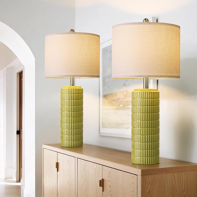 PoKat 27.5'' Tall Table Lamps for Living Room Set of 2, Mid Modern Century Ceramic Bedroom Lamps for Night Stands, Bedside Lamps for Bedroom, Nightstand Lamps for Side End Table Hallway, Green - Bloomnest