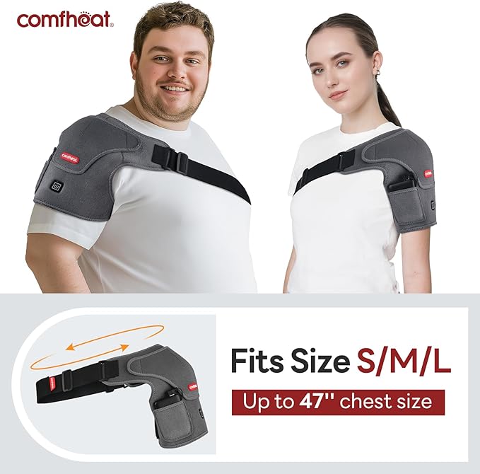 Cordless Shoulder Heating Pad for Rotator Cuff Pain Relief, Heated Shoulder Brace Compression Wrap Portable with Battery, 3 Heat Settings, Easy Wear Fits Men & Women (S to L) - Bloomnest