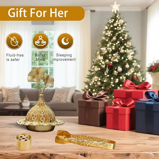 Majewel 3 in 1 Incense Holder, Vintage Incense Holders for Sticks with 9 Holes, Incense Burner Ash Catcher, Brass Incense Stick and Cone Burner for Meditation, Yoga, Home Decor (Ginkgo)