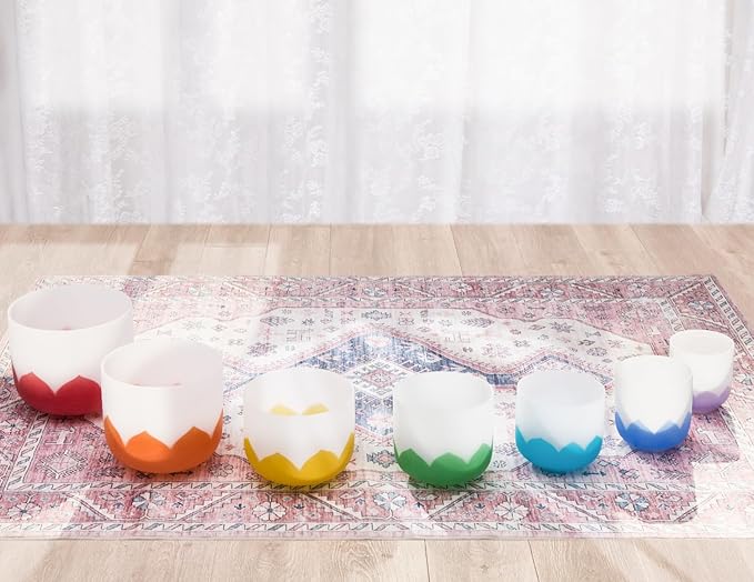 432Hz 6-12 Inch Set of 7 Lotus Quartz Crystal Singing Bowls with Gradient Colored Design, 2 Travel Carry Case Bags and Resonance Striker for Meditation and Sound Therapy - Bloomnest