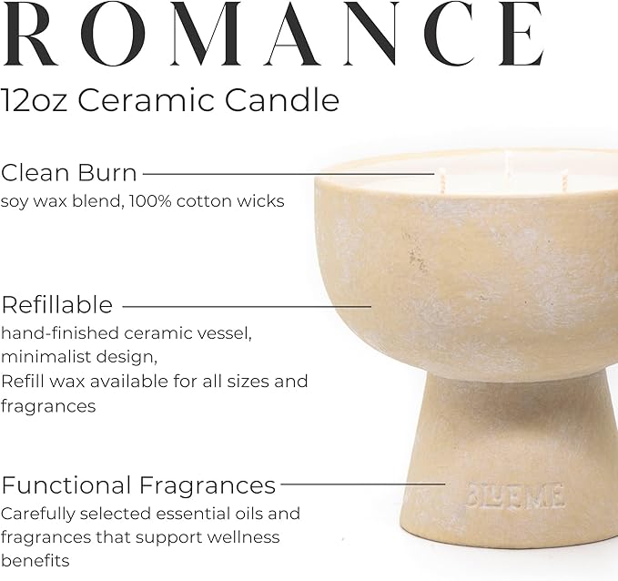 BLUEME Romance - Oakmoss & Sandalwood, Luxury Candle w/Essential Oils, 3 Wick, Hand-Poured Soy, Cotton Wick, Ceramic - Bloomnest