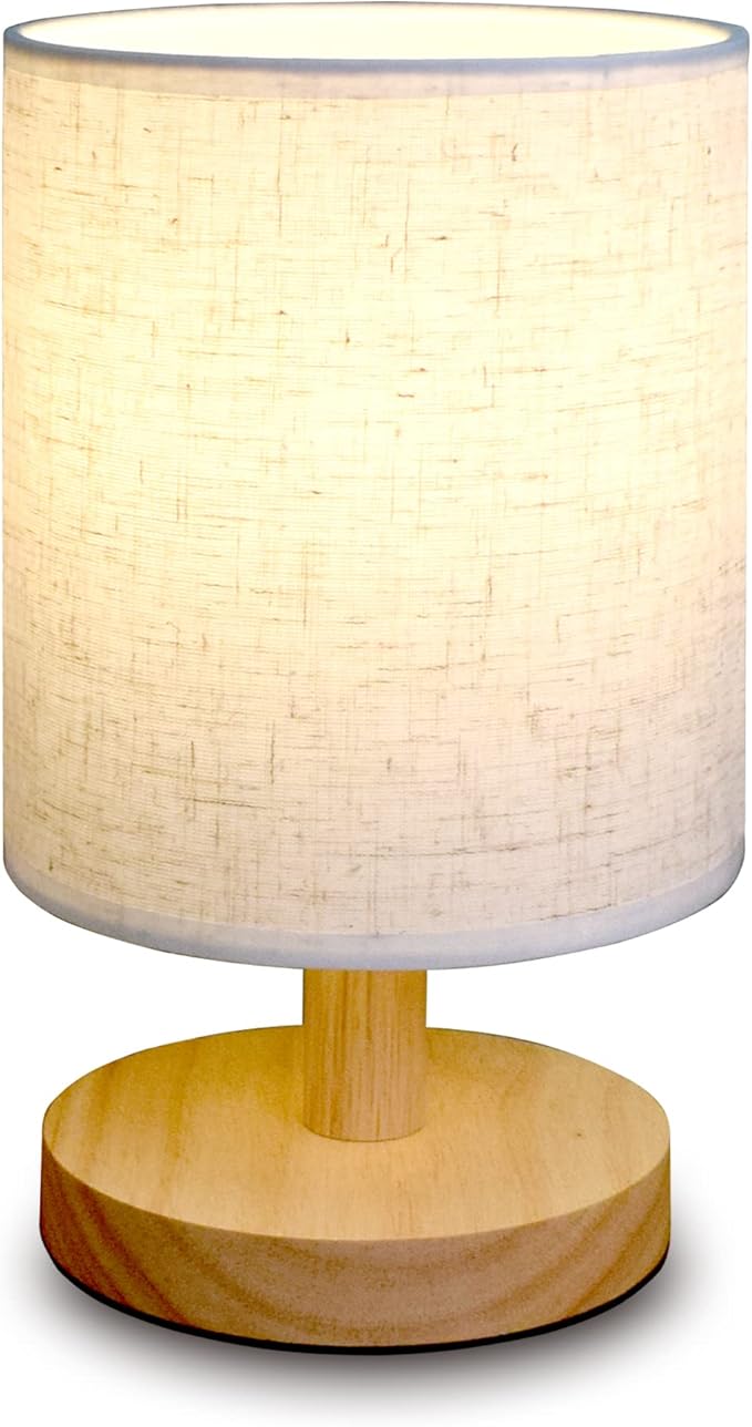 Small Table Lamp Mini Bedside Night Light Wooden Simple Desk Nightstand Lighting with Linen Shade for Bedroom, Living Room, Kids Room (Including LED Bulb) (Round) - Bloomnest
