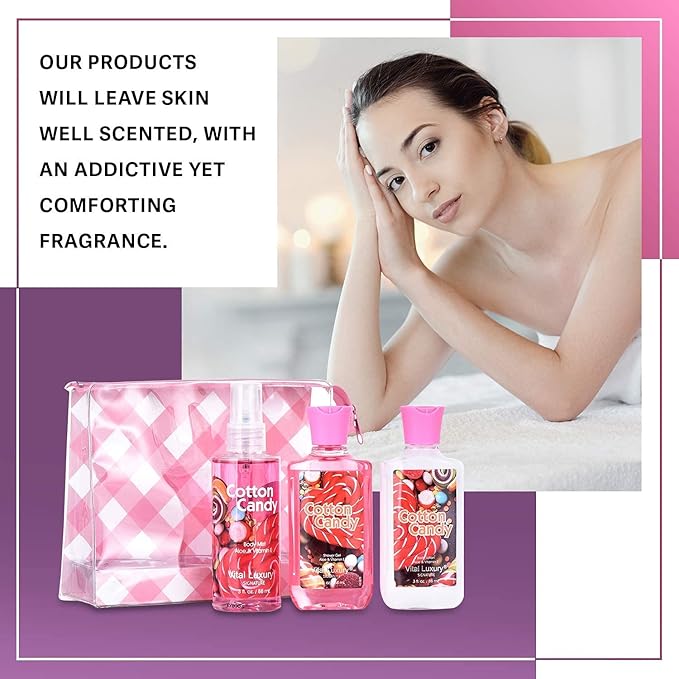Cotton Candy Bath & Body Care Travel Set, Home Spa Gift Set Includes Body Lotion, Shower Gel, and Fragrance Mist, Personal Body Care Travel Set, Birthday Mother's Valentine's Day Gifts - Bloomnest