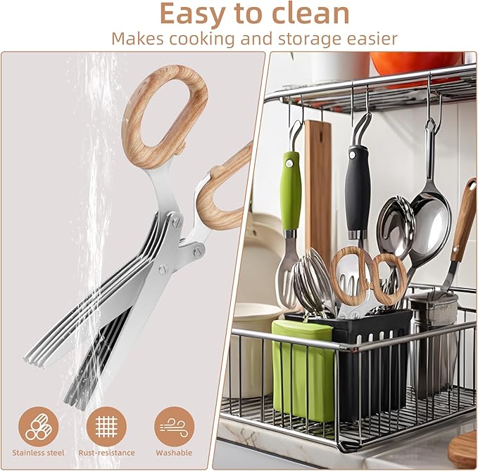 2025 New Herb Scissors Set - Wood Grain Pattern 5 Blades with Cover and Comb - Skin-Friendly Handle, Delicate Grip - Dishwasher Safe, Anti-Rust Stainless Steel for Cutting Fresh Garden Herbs - Bloomnest