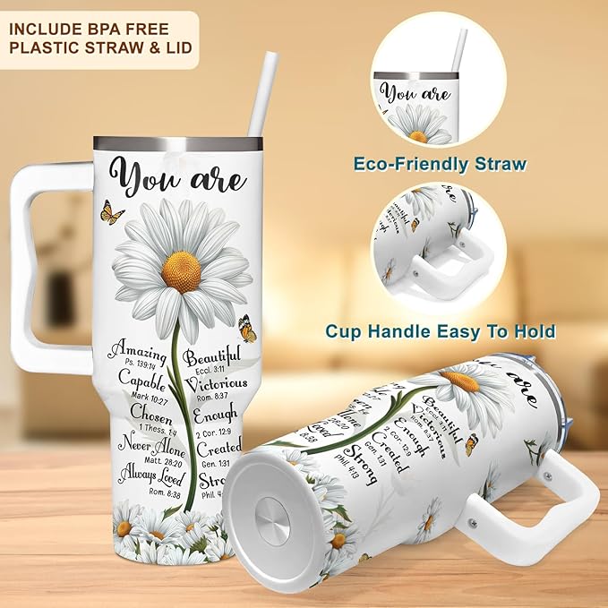 Christian Daisy Gifts for Women - Inspirational Faith Tumbler With Handle & Straw - 40Oz, Daisy Theme - Birthday, Mothers Day, Christmas - Bloomnest