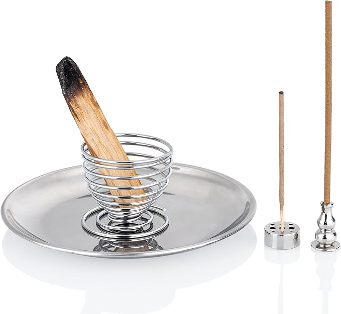 ZenBless 5 in 1 Incense Burner Holder, Palo Santo Holder, Sage Holder,Incense Sticks/Coil/Cones, 5.5 inches Brass Ash Catcher for Meditation Yoga Room(Silver) ZenBless