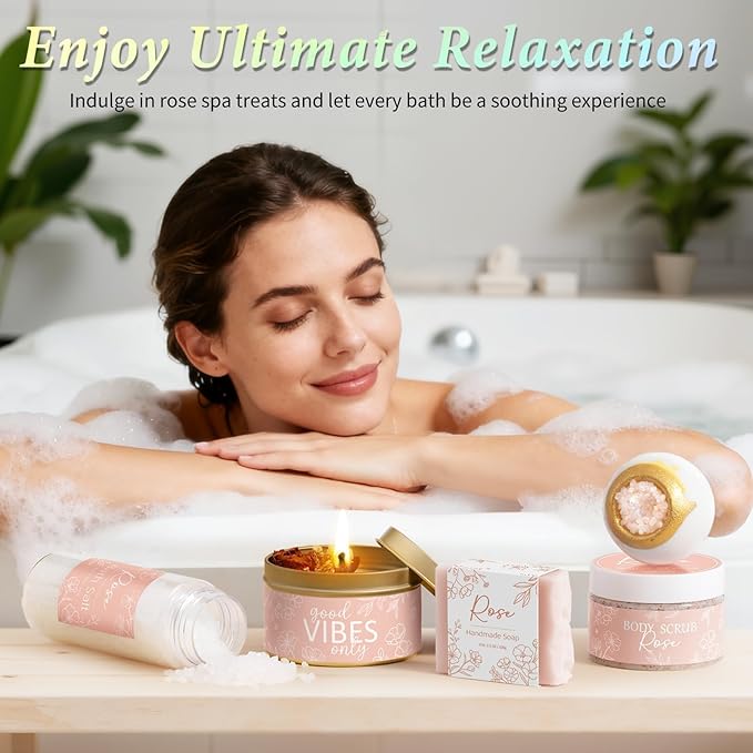 Spa Gifts for Women Bath Gift Set, Rose Relaxing Spa Gift Baskets Home Bath Set Self Care Kit Care Package Thank You Birthday Valentines Day Gifts for Her Women Mom Friends Sister Teen Girls Wife - Bloomnest