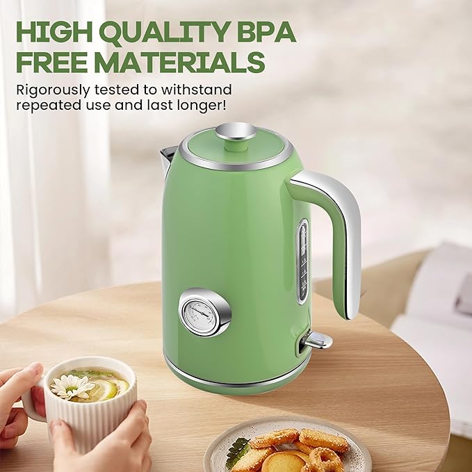 Pukomc Electric Kettle,1.7L Stainless Steel Electric tea kettle with Temperature Gauge, Fast Boiling, Auto Shut - off, BPA - Free, Boil - Dry Protection, (Retro Green) - Bloomnest