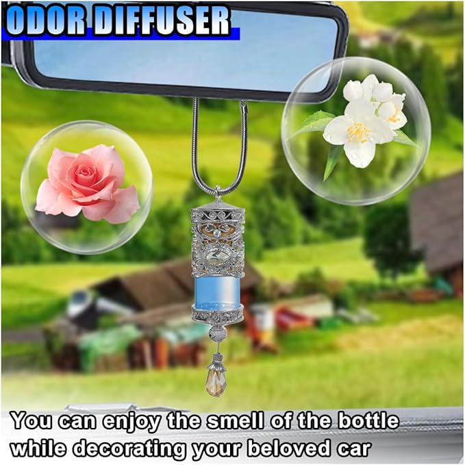 Hanging Car Air Freshener Diffuser, Refillable Essential Oils Empty Perfume Bottle, Alloy Car Aromatherapy Fragrance Perfume Pendant Bottle, Universal Car Interior Ornaments Decor (Silver) - Bloomnest