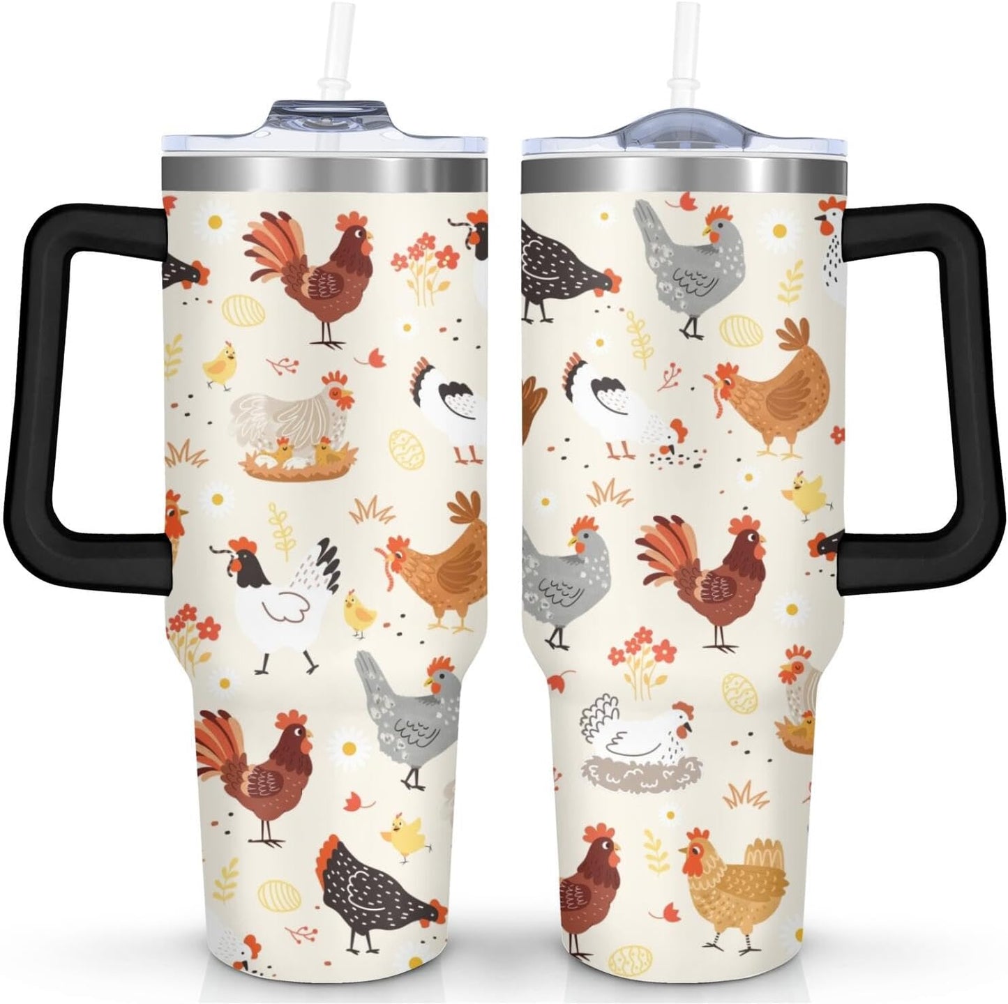 40 oz tumbler with handle,40 oz Chicken Tumbler with lid and Straw,Chicken Stainless Steel Cup Coffee Travel Mug,Chicken Gifts for Chicken Lovers,Rooster Stuff Decor Accessories