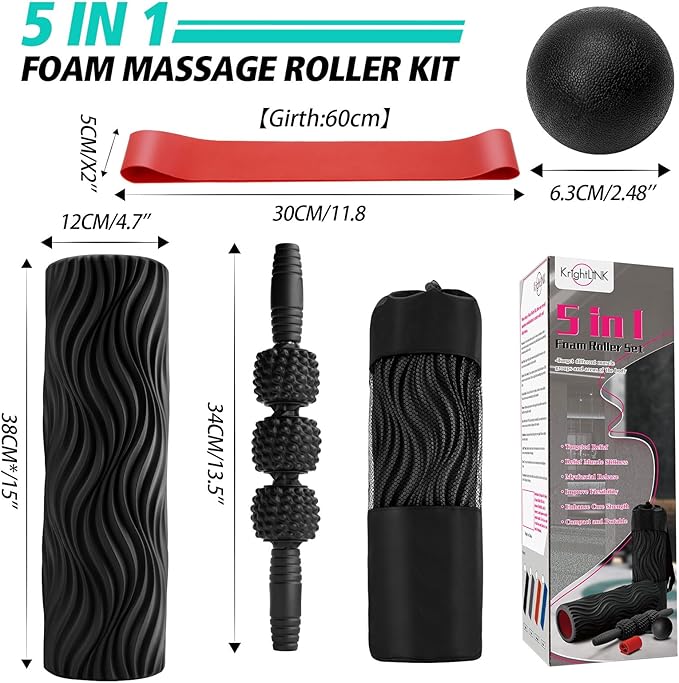 5-in-1 Foam Roller Set, Massage Roller Stick, Massage Ball, Resistance Band for Deep Muscle Massage, Trigger Point Release, Pilates, Yoga (Black-Wave) - Bloomnest