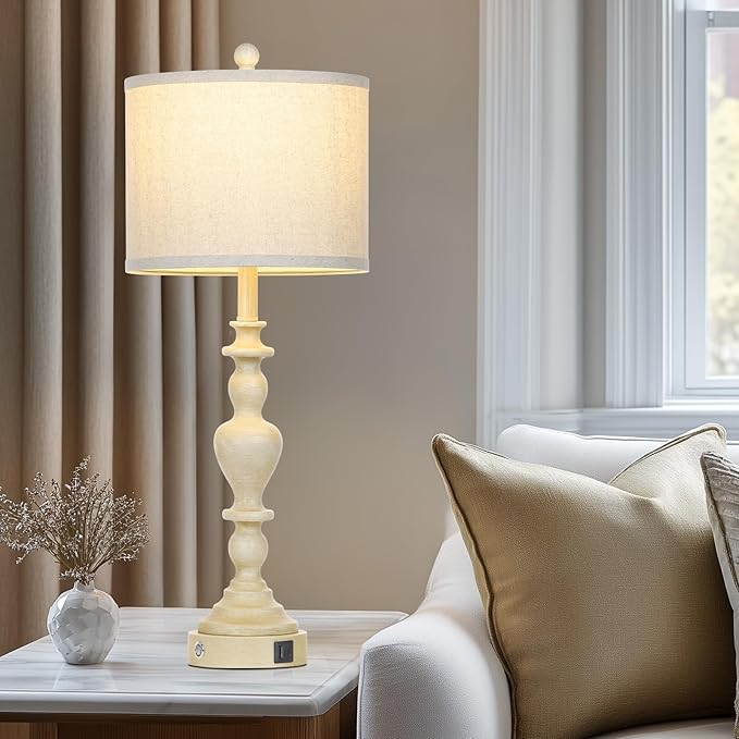27" Vintage Farmhouse Table Lamps for Living Room Set of 2, Rustic Nightstand Lamps with USB C+A Ports, 3-Way Dimmable Retro Bedside Lamps for Bedroom Office 2 LED Bulbs Included Washed Antique Beige - Bloomnest
