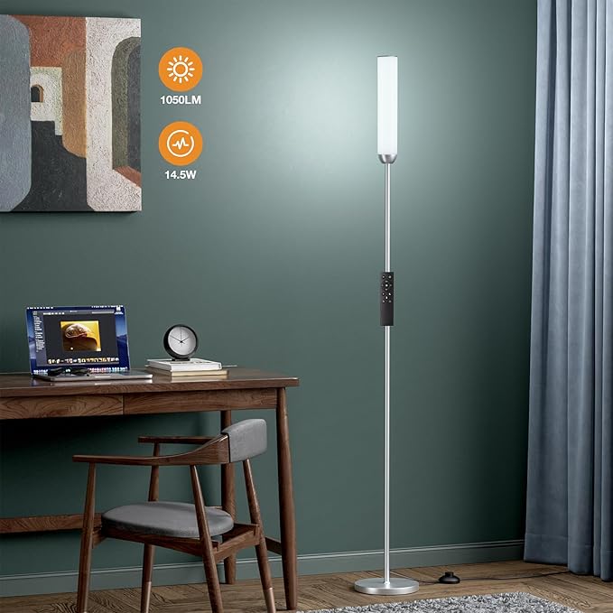 LED Floor Lamp with Remote Control, 65" Standing lamp with Stepless Adjustable 3000K-6500K Colors & 5%-100% Brightness, Foot Switch(Silver) - Bloomnest