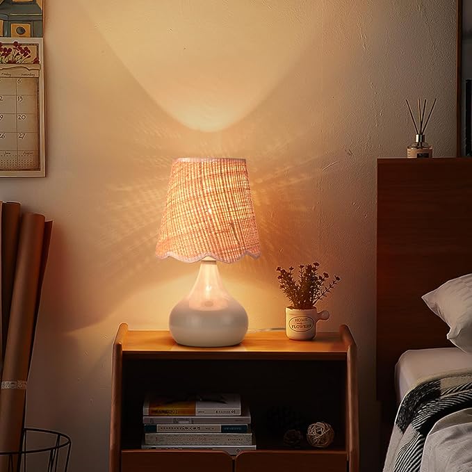 Light Blue Boho Small Table Lamp for Small Spaces, Small Rattan Shade Bedside Lamp for Bedroom, Cute Nightstand Light for Bedside, Kitchen Counter, Bookshelf Lamp, Home Office, Living Room, Dorm - Bloomnest
