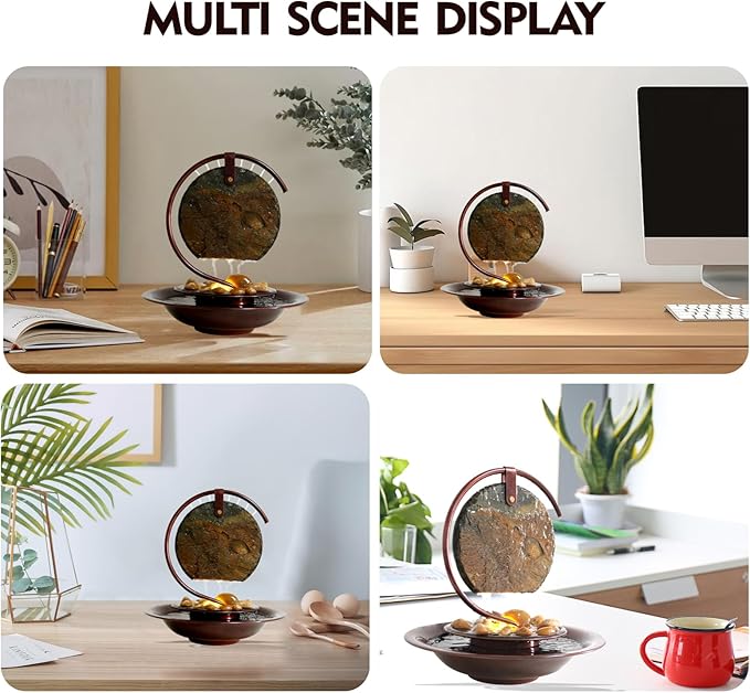 Indoor Tabletop Waterfall Moon Fountain, Home Décor Soothing Rain Sound Meditation Relaxing Fountains, Nature Slate Water Feature with Light for Room Office Desktop Decoration-13 Tall