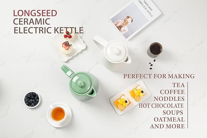 Ceramic Electric Kettle, 1.5L/1200W Boil Water Quickly and Easily with Boil-Dry Protection Auto Shut Off, Detachable Swivel Base, Green Relief Carving - Bloomnest