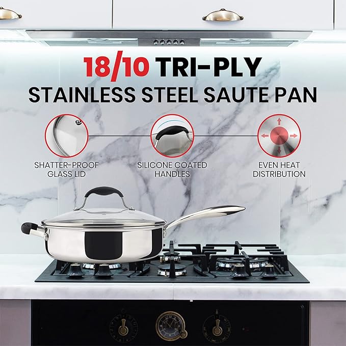 AVACRAFT 18/10 Tri-Ply Stainless Steel Saute Pan with Lid, Helper Handle, Induction & Stovetop, Versatile Stainless Steel Skillet, Cookware (3.5 Quarts) - Bloomnest