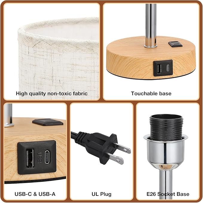 Dicoool Touch Bedside Table Lamp with USB - 3 Way Dimmable Wood Lamp for Bedroom Nightstand, Desk Lamp with Charging Station for Dorm, Office, Kids Room, Living Room - Bloomnest