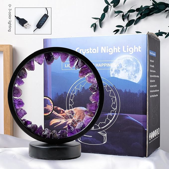 Runyangshi Amethyst Night Lamp 8.6" Natural Healing Crystal Bedside Lamp USB Port 3 Colours Dimming Mode Bedroom Lamp Suitable Night Light for Living Room Bedroom Office Home Decor Ideal Gift - Bloomnest
