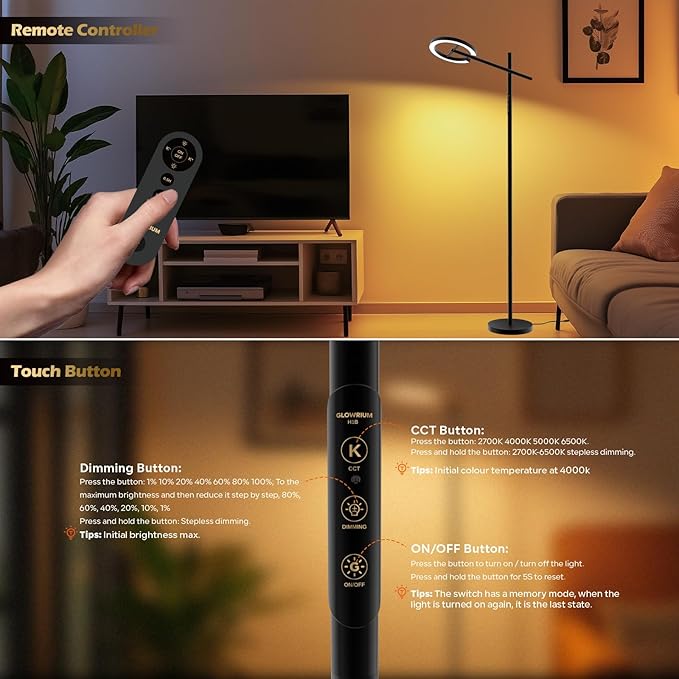 Happy Light Therapy Lamp, 12000 LUX UV-Free Sunlight Floor Lamp with Remote, Full Spectrum Sun Lamp, 4 Color Temps 2700-6500K & 7 Brightness & Timer LED Lamp for Living Room Bedroom Home Office, Black - Bloomnest