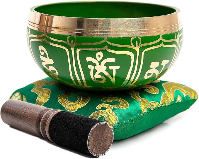 Tibetan Singing Bowl Set - Authentic Handcrafted Mindfulness Meditation Holistic Sound 7 Chakra Healing by Himalayan Bazaar (Emerald) - Bloomnest
