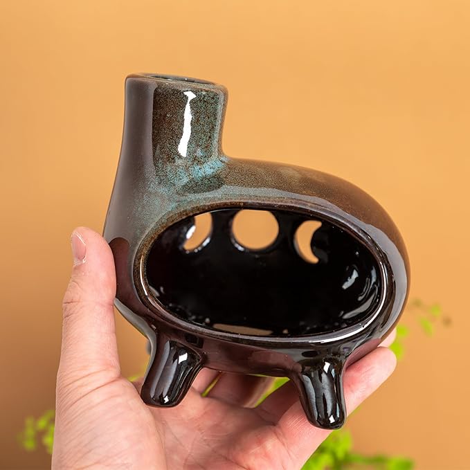 Handcrafted Ceramic Palo Santo Holder Burner with Green Glaze - Modern Footed Pottery Incense Chimney Dish - Great for Meditation - Wood Sticks, Sage, Ash Catcher Bowl, Cone Compatible.