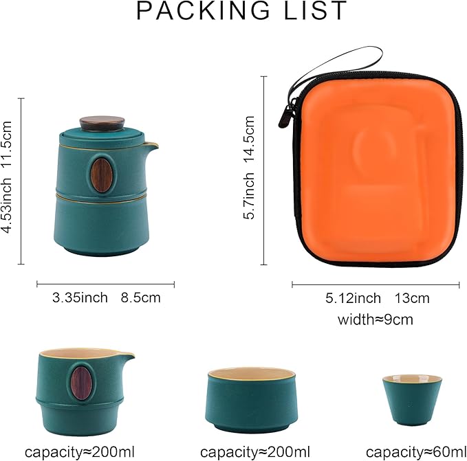 fanquare Travel Ceramic Tea Pot Set, Chinese Kung Fu Teapot, Nesting Tea Set with Pot Infuser 2 Mini Cups 1 Porcelain Teacup and Portable Bag for Picnic Office, Convenient Tea Service, Green