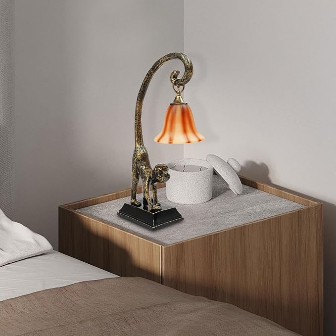 Eapmic Table Lamp, Resin Monkey Desk Lamp, Retro Bedside Light Animal Table Lamp with Trumpet Shade, Monkey Light for Bedroom Living Room Kids Room Office Home Decoration (Style 2) - Bloomnest