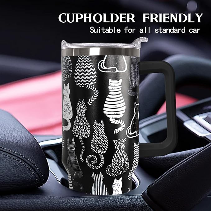 40 Oz Black Cat Coffee Travel Mug Cup Water BottleTumbler With Handle,Cat Decor,Black Cat Gifts for Women - Bloomnest
