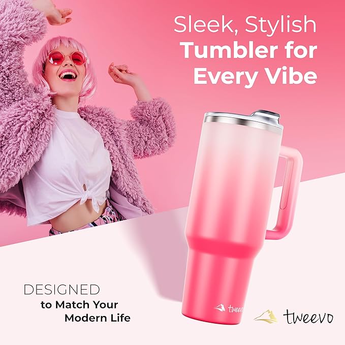 40 oz Tumbler With Handle and Straw Made of Stainless Steel - Double Wall Vacuum Insulated Tumbler With Lid - Sweat Proof Easy Grip, BPA-Free, Dishwasher Safe Tumbler (Misty Pink) - Bloomnest