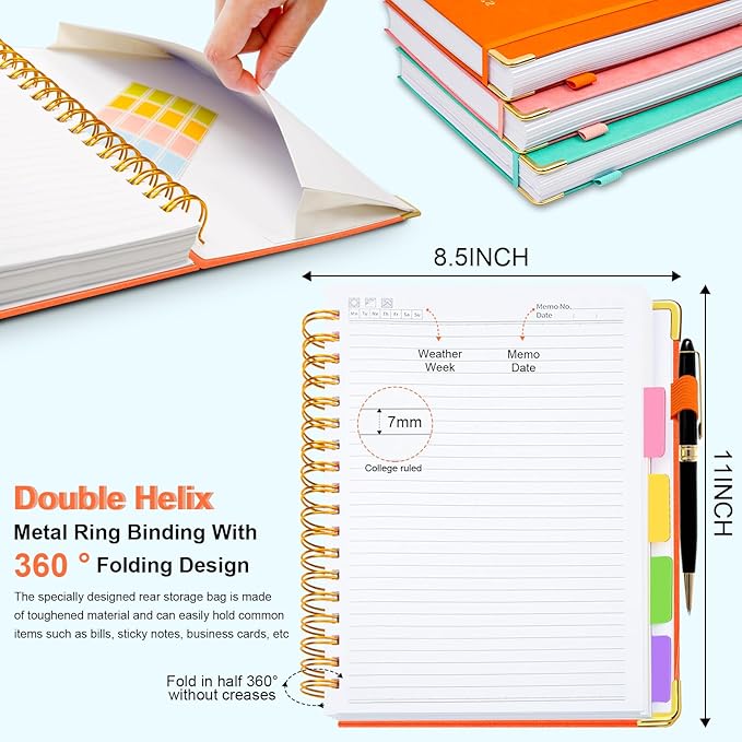 Hardcover Spiral Notebook 8.5"x11" Journal Notebook with Tabs and Removable Dividers 300 Pages 5 Subject Notebook College Ruled, Faux Leather Spiral Bound Notebook for Women School Work (Orange) - Bloomnest