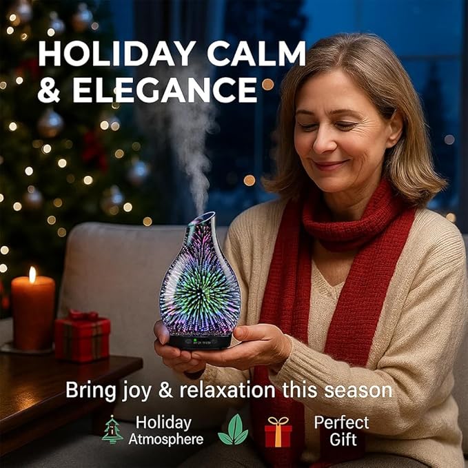 120ML Essential Oil Diffuser, 3D Glass Aromatherapy Diffuser with Auto Shut-Off and 7 Color LED Lights, Ultrasonic Mist Humidifier with 4 Timer for Home Office Bedroom (3D Fireworks) - Bloomnest