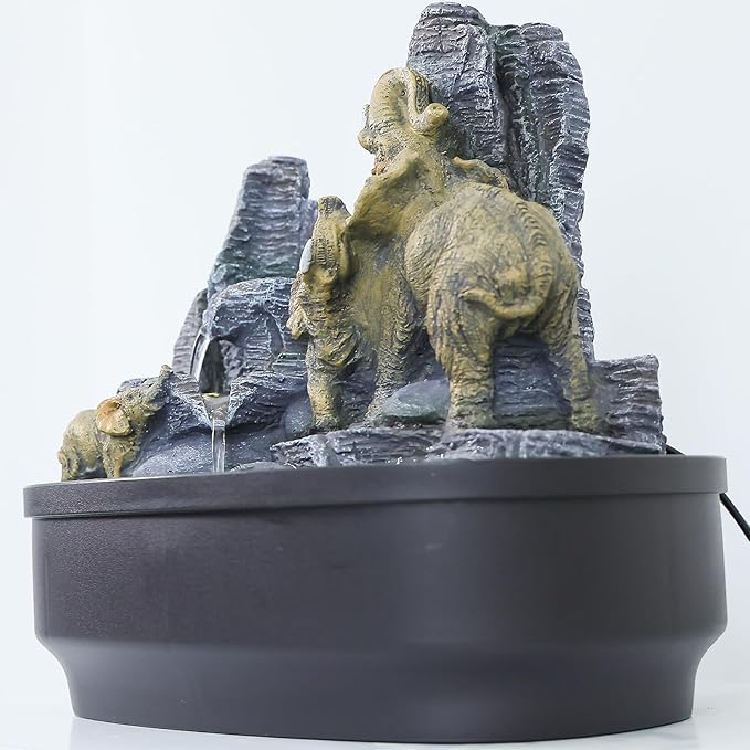 Elephant Tabletop Fountain with Cascading Rocks & LED Lights, Zen Indoor Water Feature for Living Room/Office/Bedroom, Multi-Room Home Decor and Elephant Lover Gift (10.8" H) - Bloomnest