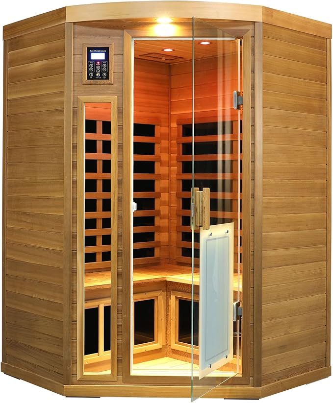 2-3 Person Corner Far Infrared Sauna for Home, 1760W Ultra-Low EMF(0-1mG) Indoor Red Cedar Wood Sauna Room with 8 Heating Panels, Dual Control Panel, Bluetooth Speaker & Chromotherapy Lights KUNSANA