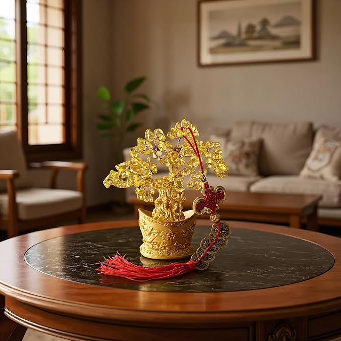 9 Piece Citrine Money Tree, 7" Small Yellow Crystal Bonsai with Yuanbao Pot & Coins, Chinese Style Lucky Money Plant Decor with Red Tassels & Wood Base for Wealth, Prosperity, Home Office Desk - Bloomnest