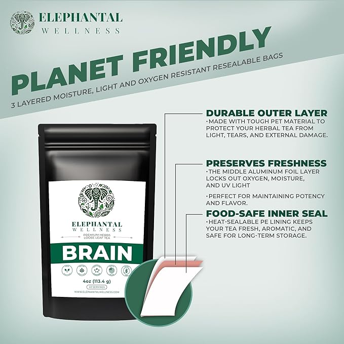 Elephantal Wellness Premium Brain Herbal Tea | Nootropic Focus & Mental Clarity Support with Ginkgo, Bacopa, Ashwagandha & Gotu Kola | Handmade, Caffeine-Free, Non-GMO Loose Leaf Blend, 4oz Loose Leaf, 40 Servings - Bloomnest