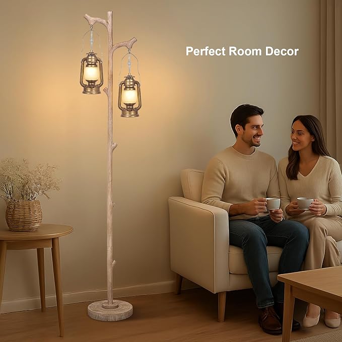 Scenekoy Vintage 68” Tall Floor Lamp with Lanterns, Retro Standing Lamp Tree Trunk Finish & Resin Body, Rustic Dimmable Corner Lamp Stand Up Light with Bulb Prefer for Living Room Bedroom Home Decor - Bloomnest