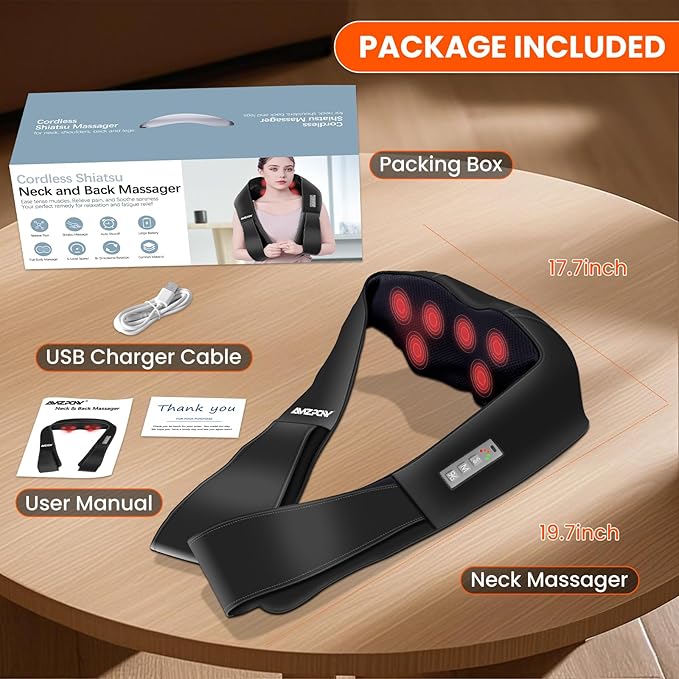 AMZPONY® Cordless Neck Massager for Pain Relief Deep Tissue, Rechargeable Shiatsu Neck and Back Massager with Heat Kneading Shoulder Massage for Body Muscle Pain Relief,Gifts for Dad Mom Friends - Bloomnest