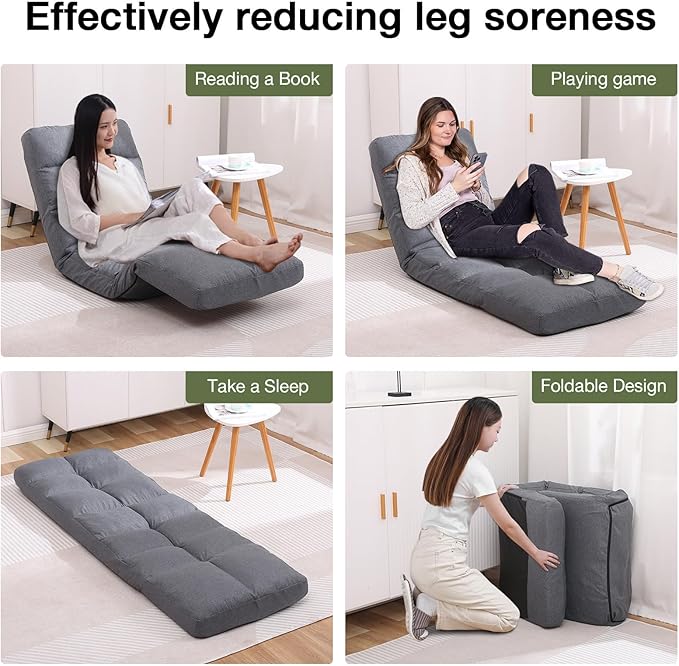 Floor Chair with Footrest Adjustable Backrest with 14 Positions Footrest 5-Position Adjustment Foldable Floor Gaming Chair for Easy Storage Linen Fabirc Chaise Lounge 086 (Grey)