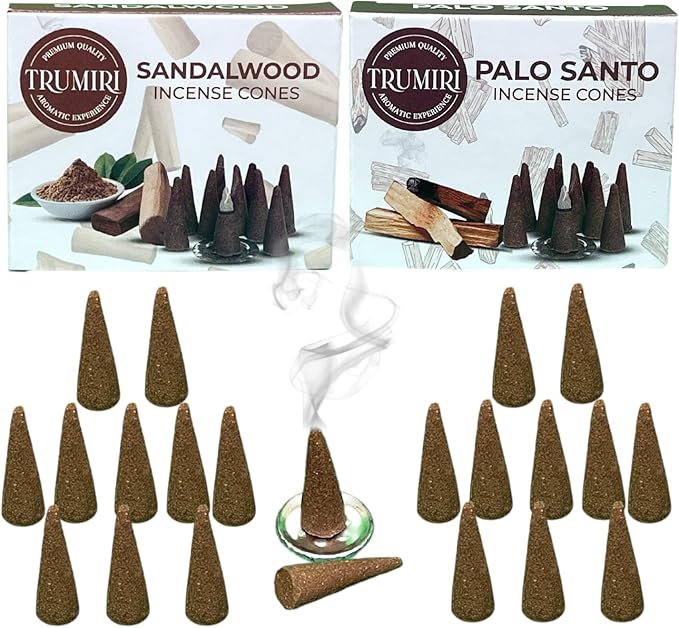 TRUMIRI Incense Cones - Combo Pack of 20 Cone Incense - 10 Palo Santo + 10 Sandalwood - Insence Cones - Incense Cones Scented - Cone Incense Scents - Insense Cones - Incent Cone TRUMIRI