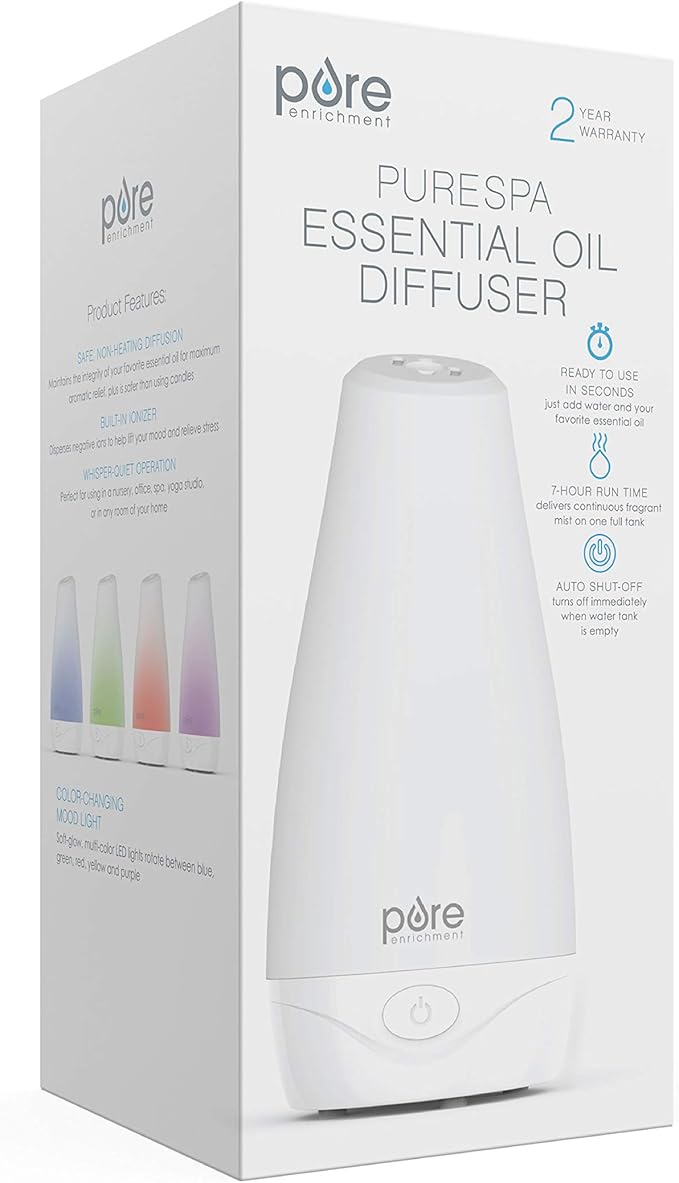 Pure Enrichment® PureSpa™ Essential Oil Diffuser - Compact Ultrasonic Aromatherapy Diffuser, Natural Air Deodorizer, 100ml Water Tank, and Optional Mood Light - Lasts Up to 7 Hours with Auto Shut-Off - Bloomnest